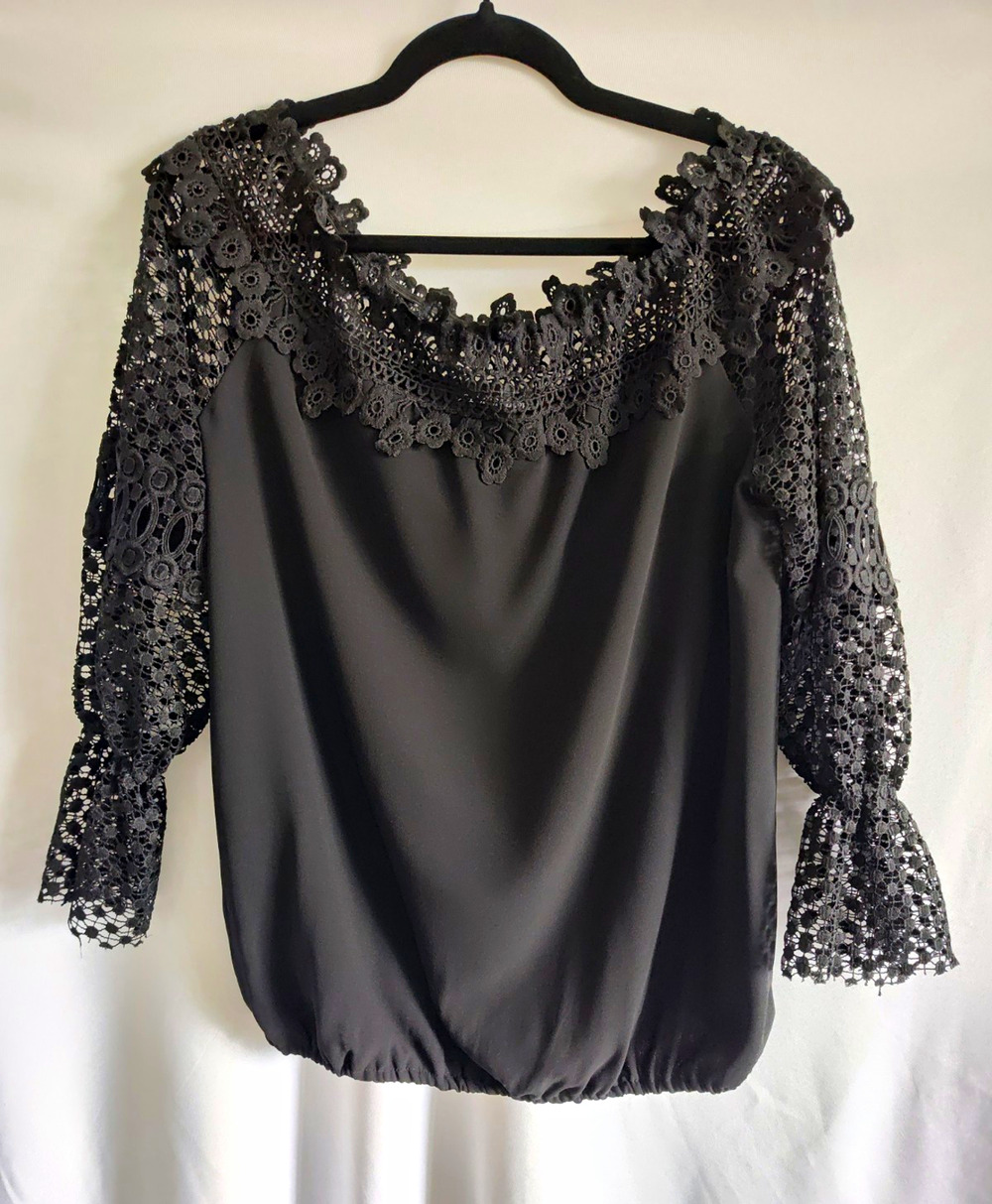 Whimsigoth Boho Dark Romantic Pullover Lace Ruffle 3/4 Sleeve Blouse M